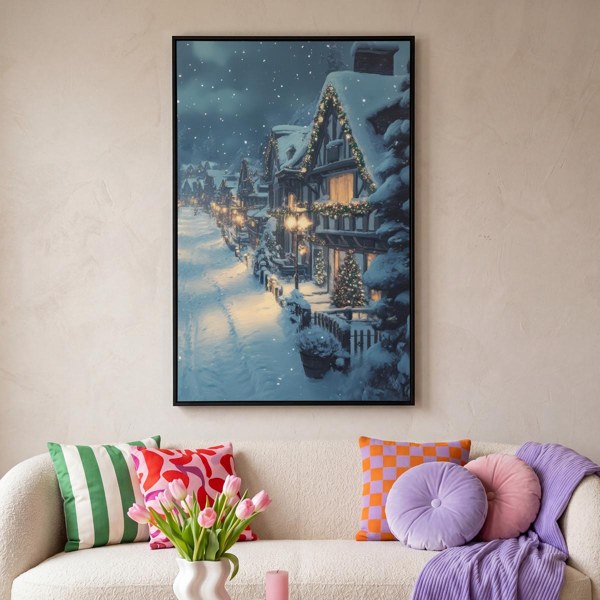LEINWAND Bilder mit Rahmen - Weihnachtsdorf - Weihnachten - Schnee - Winter - 90x140 - Dunkelblau, Textil (90/140cm) - MuchoWow