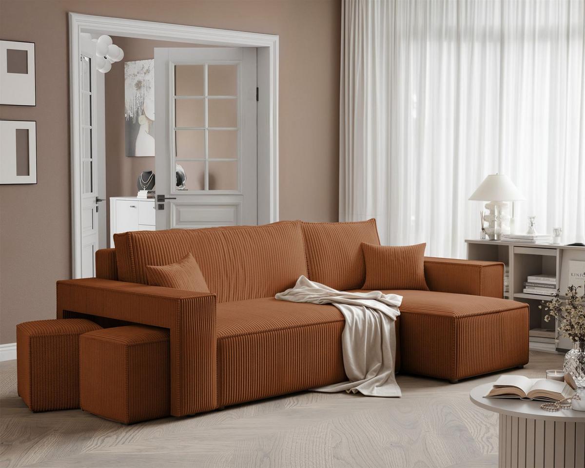 ECKSOFA Adara Inkl. Hocker - Hellbraun, Holzwerkstoff/Textil (145/262cm) - Fun Möbel
