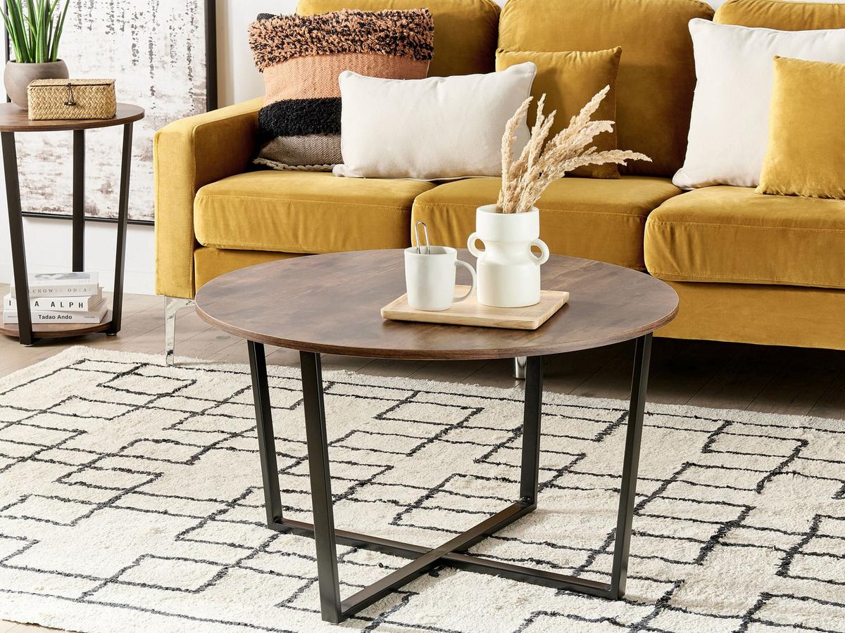 COUCHTISCH dunkler Holzfarbton/schwarz rund Orick - Dunkelbraun/Schwarz, Holzwerkstoff (80/80/47cm) - Beliani