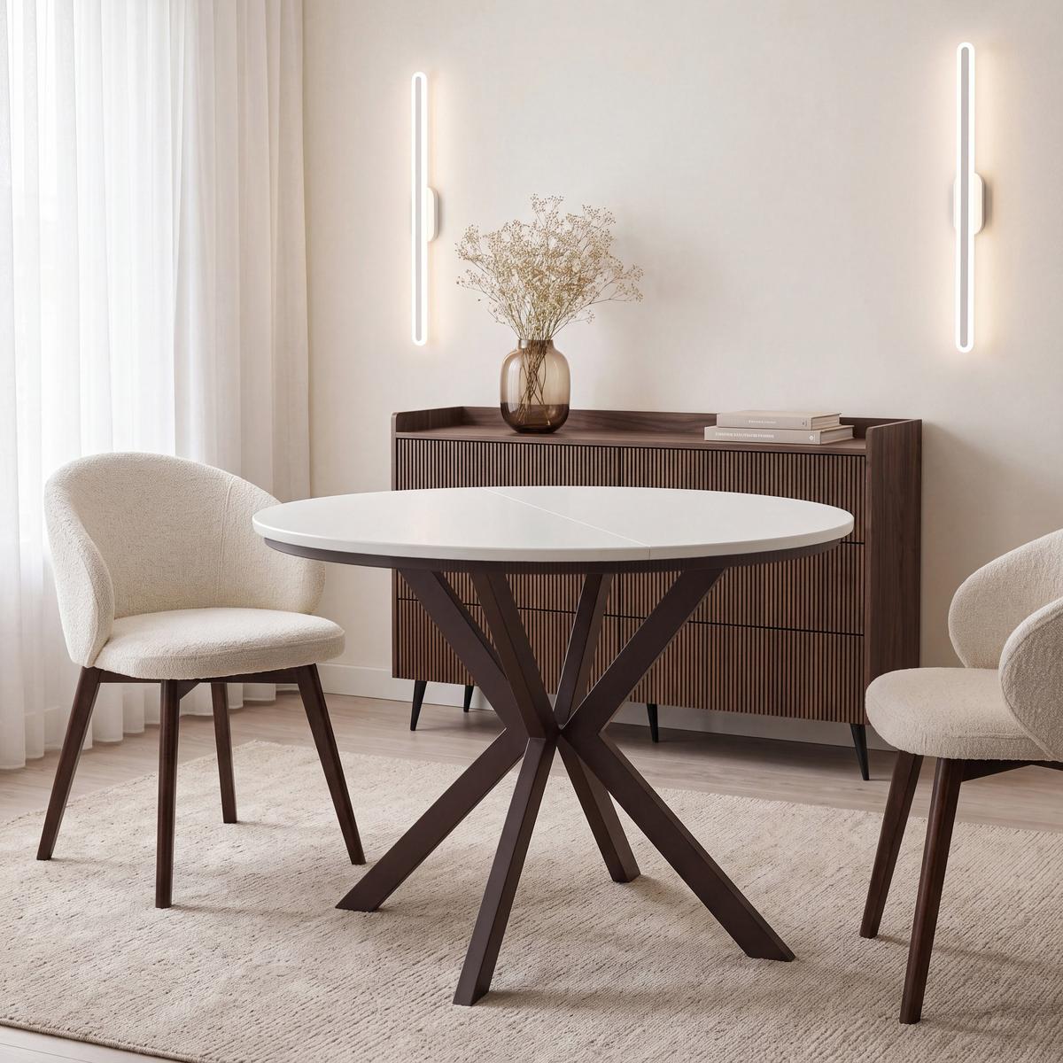 ESSTISCH Valio rund oval ausziehbar verlängerbar mit braunen Metallbeinen, Weiß 100-140/100/76 cm - Weiß/Braun, Holzwerkstoff/Metall (100/140/76cm) - WFL GROUP