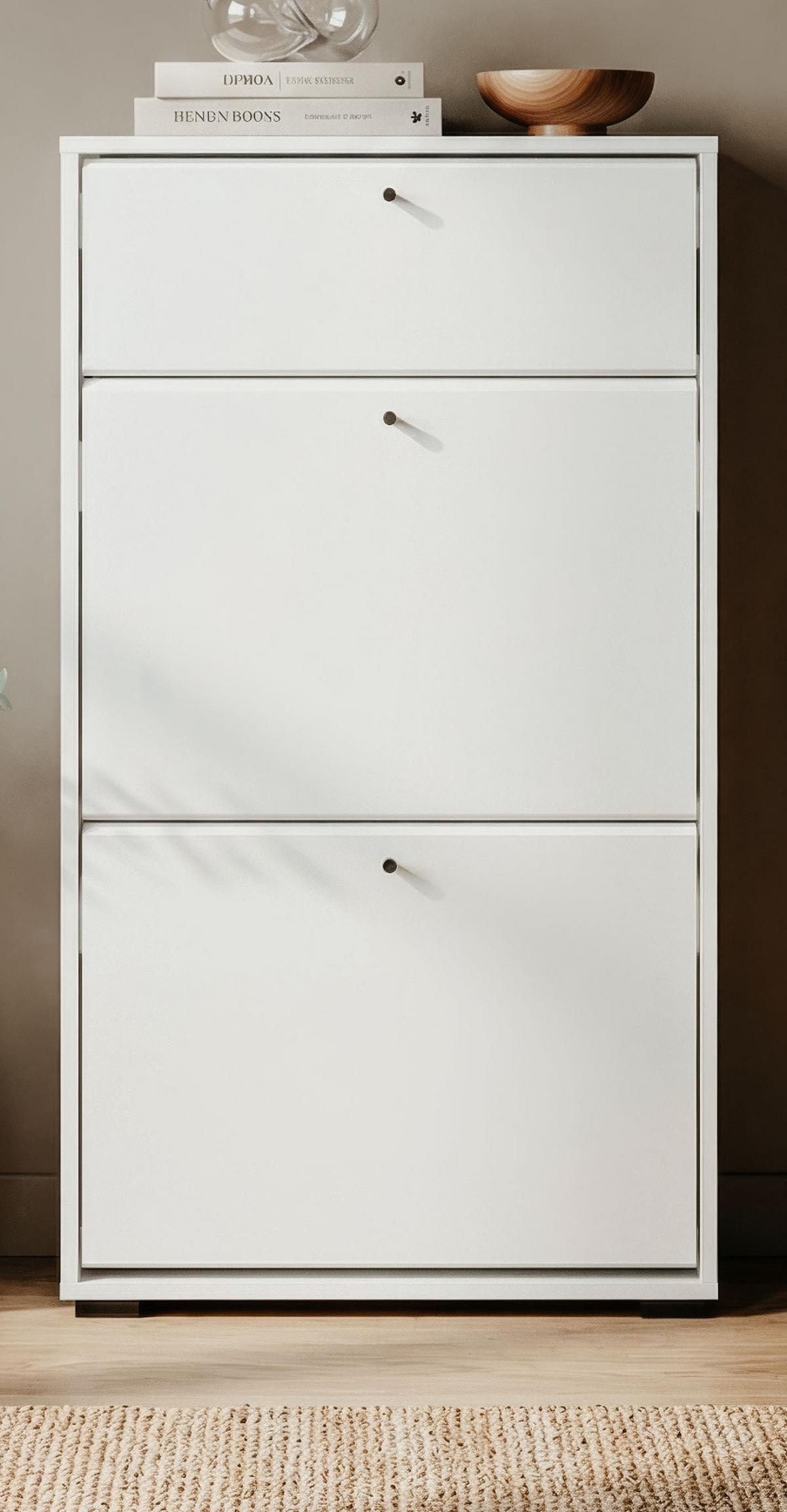 SCHUHKIPPER weiß 58 x 111 cm, Schuhkommode mit Klappen und Schubkasten - Schwarz/Weiß, Holzwerkstoff/Kunststoff (58/111/25cm) - Furn.Design