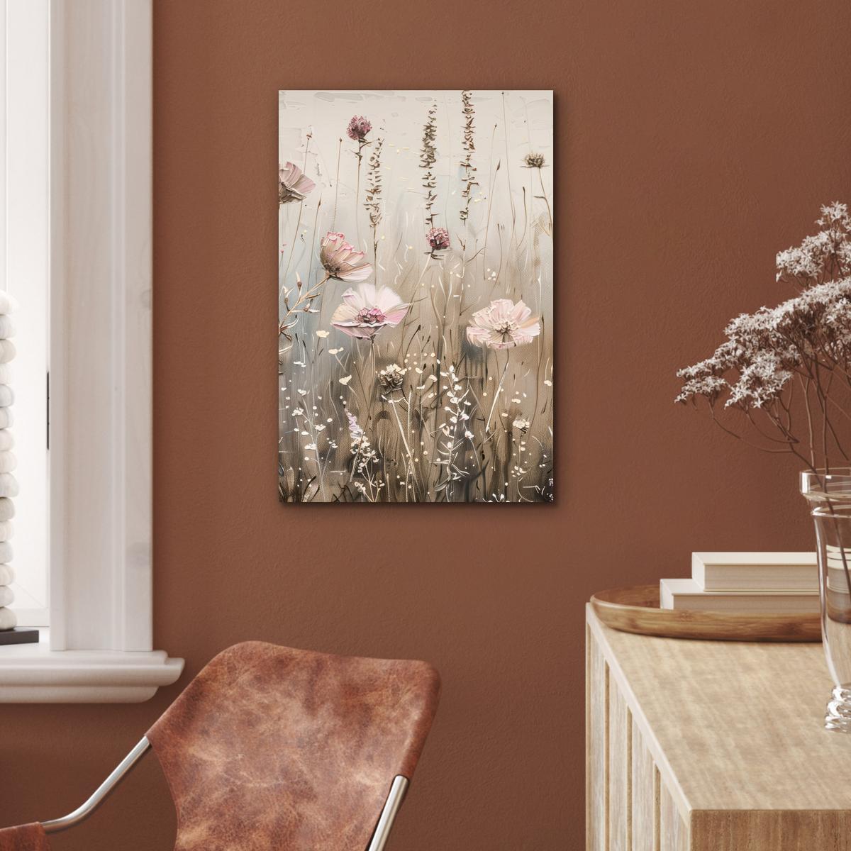 METALLBILD Blumen - Rosa - Modern - Beige Deko Schlafzimmer 40x60 cm - Beige, Metall (40/60cm) - MuchoWow