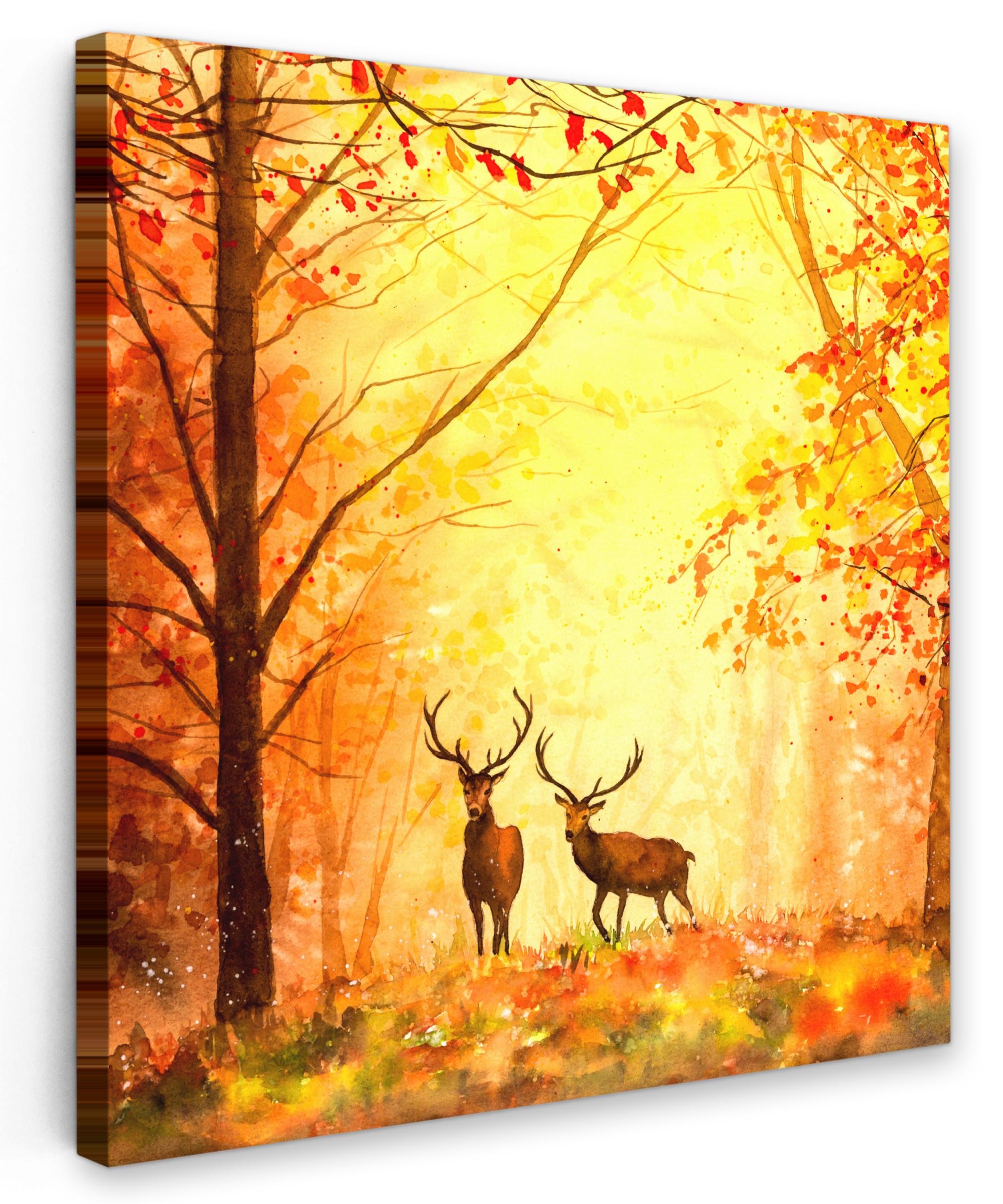 LEINWANDBILD Natur - Ölfarbe - Hirsche - Tiere - Herbst - Orange Wandbild Wohnzimmer 50x50 cm - Orange, Textil (50/50cm) - MuchoWow
