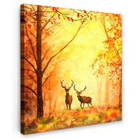 LEINWANDBILD Natur - Ölfarbe - Hirsche - Tiere - Herbst - Orange Wandbild Wohnzimmer 50x50 cm - Orange, Textil (50/50cm) - MuchoWow