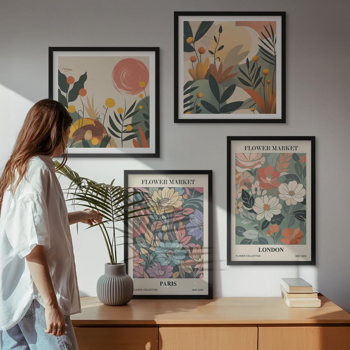 BILDER SET 4er Set - 50x50 cm & 40x60 cm Schwarzer Rahmen - Blumenposter Paris London - Schwarz, Kunststoff (50/50cm) - TULUP