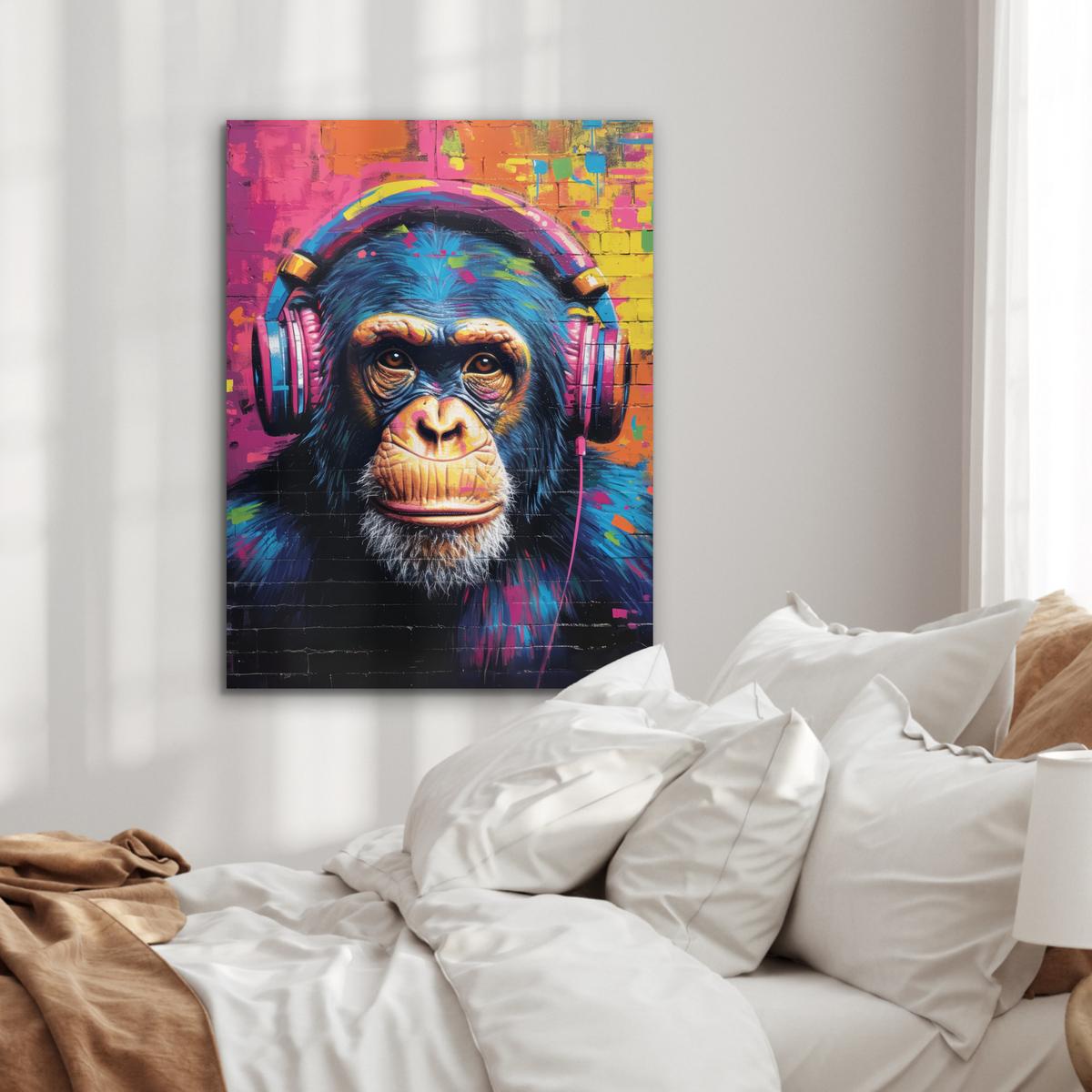 METALLBILD Graffiti - Schimpanse - Straßenkunst - Kopfhörer - Affe 60x80 cm - Blau, Metall (60/80cm) - MuchoWow