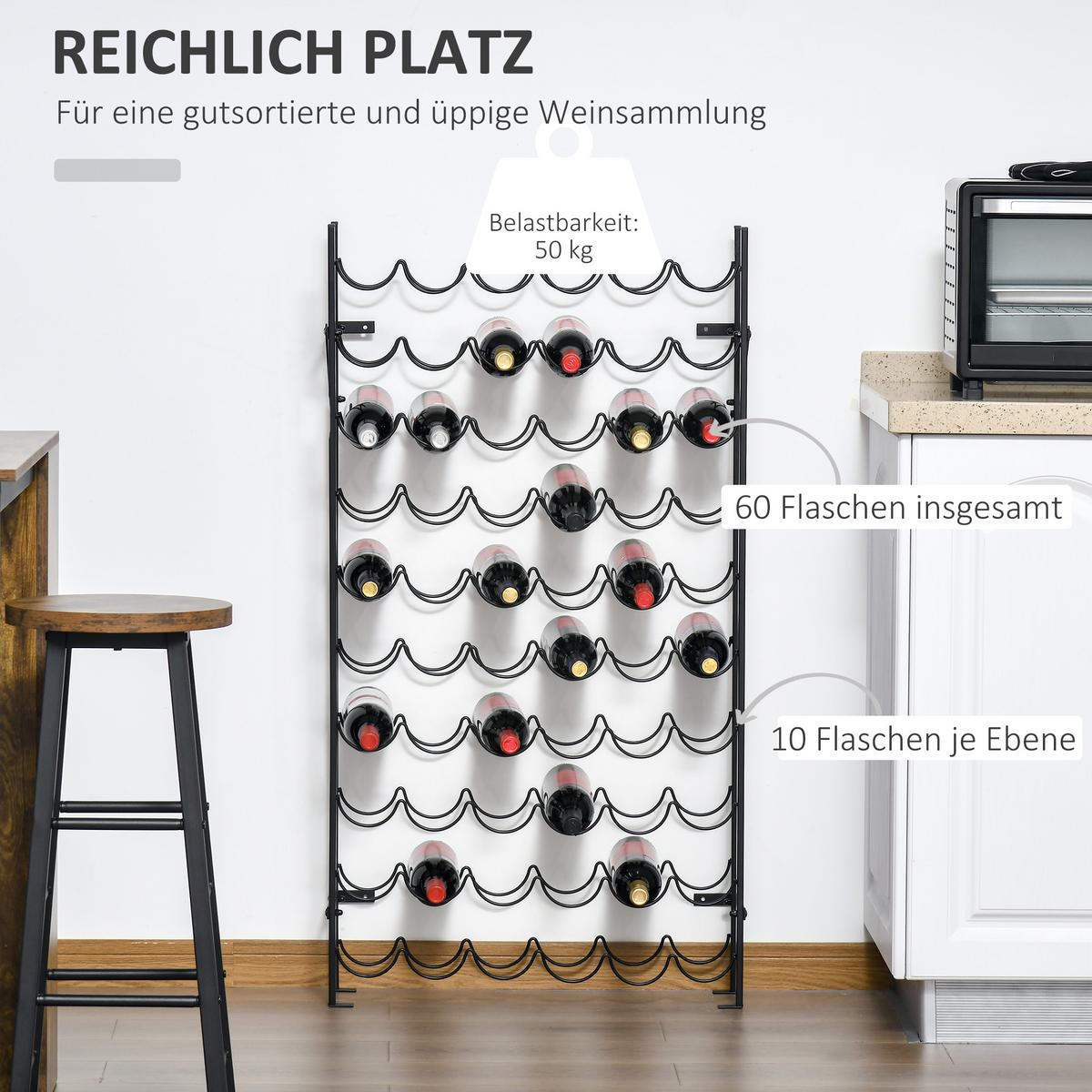 WEINREGAL Weinständer Flaschenregal 60 Flaschen Wandbefestigung Metall Schwarz - Schwarz, Metall (205/118/63cm) - HOMCOM