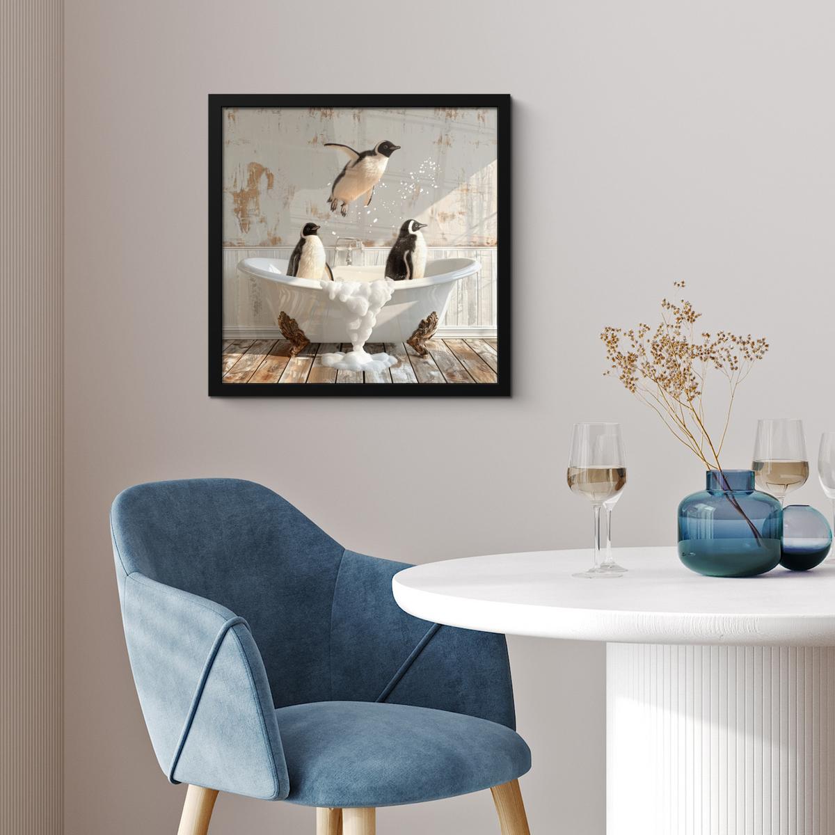 POSTER MIT RAHMENGERAHMTES BILD Vintage - Pinguin - Badewanne - Schaumstoff 40x40 cm - Schwarz, Papier (40/40cm) - MuchoWow