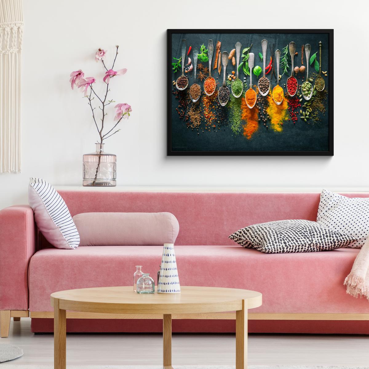 POSTER MIT RAHMENGERAHMTES BILD Kräuter - Gewürze - Löffel 80x60 cm - Currygelb, Papier (80/60cm) - MuchoWow