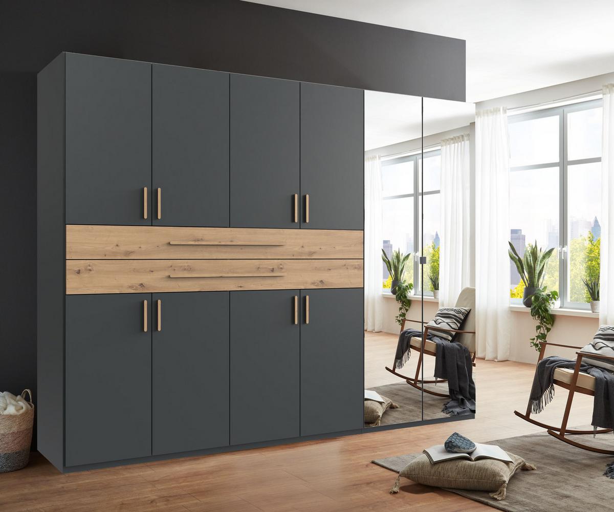 DREHTÜRENSCHRANK B270/H208/T58 cm in Grafit, Kleiderschrank mit 2 Spiegeltüren, 2 großen Schubkästen & Griffen in Eiche Artisan Dekor / 22649 - Graphitfarben/Eiche Artisan, Holzwerkstoff/Kunststoff (270/208/58cm) - luma-home