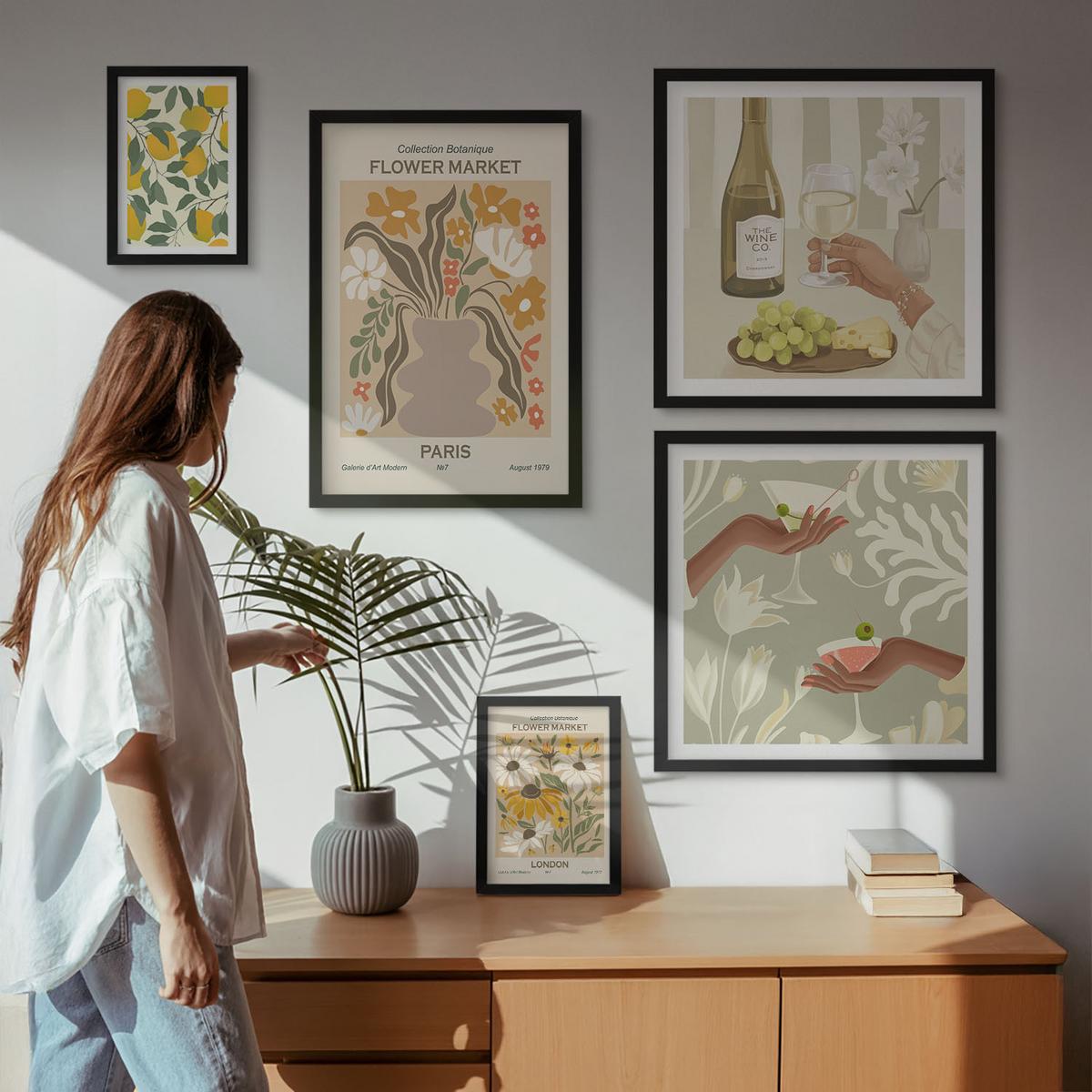BILDER SET 5er Set - 50x50 cm & 20x30 cm & 40x60 cm Schwarzer Rahmen - Blumenposter Paris Mailand - Schwarz, Kunststoff (40/60cm) - TULUP