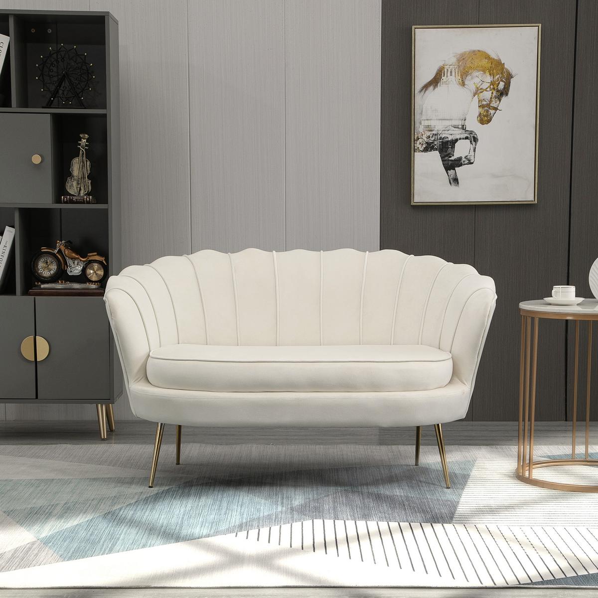 2 Sitzer Sofa, Couch, gepolsterter Polstersofa mit Armlehne, Samtopik Creme - Goldfarben/Creme, Textil/Metall (77/77/130cm) - HOMCOM