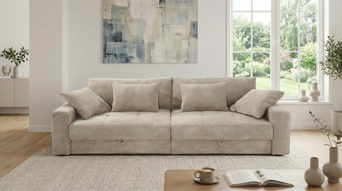 BIG-SOFA mit 2 Bettkästen, viel Stauraum, B274/T113/H84 cm, Liegefläche 103x241 cm, Cord Beige Grau / 15263 - Greige/Beige, Kunststoff/Textil (284/84/113cm) - luma-home
