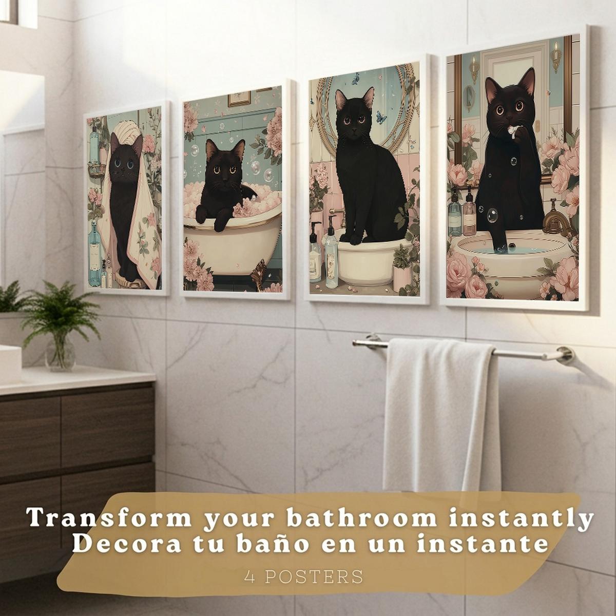 POSTER 4er-Set dekorative Kunstdrucke, schwarze Katze im Badezimmer, niedliches Blumenposter für Toilette, Schlafzimmer, sanfter Rahmenlos A3 - Klar, Papier (42/29.7/3cm) - Nacnic