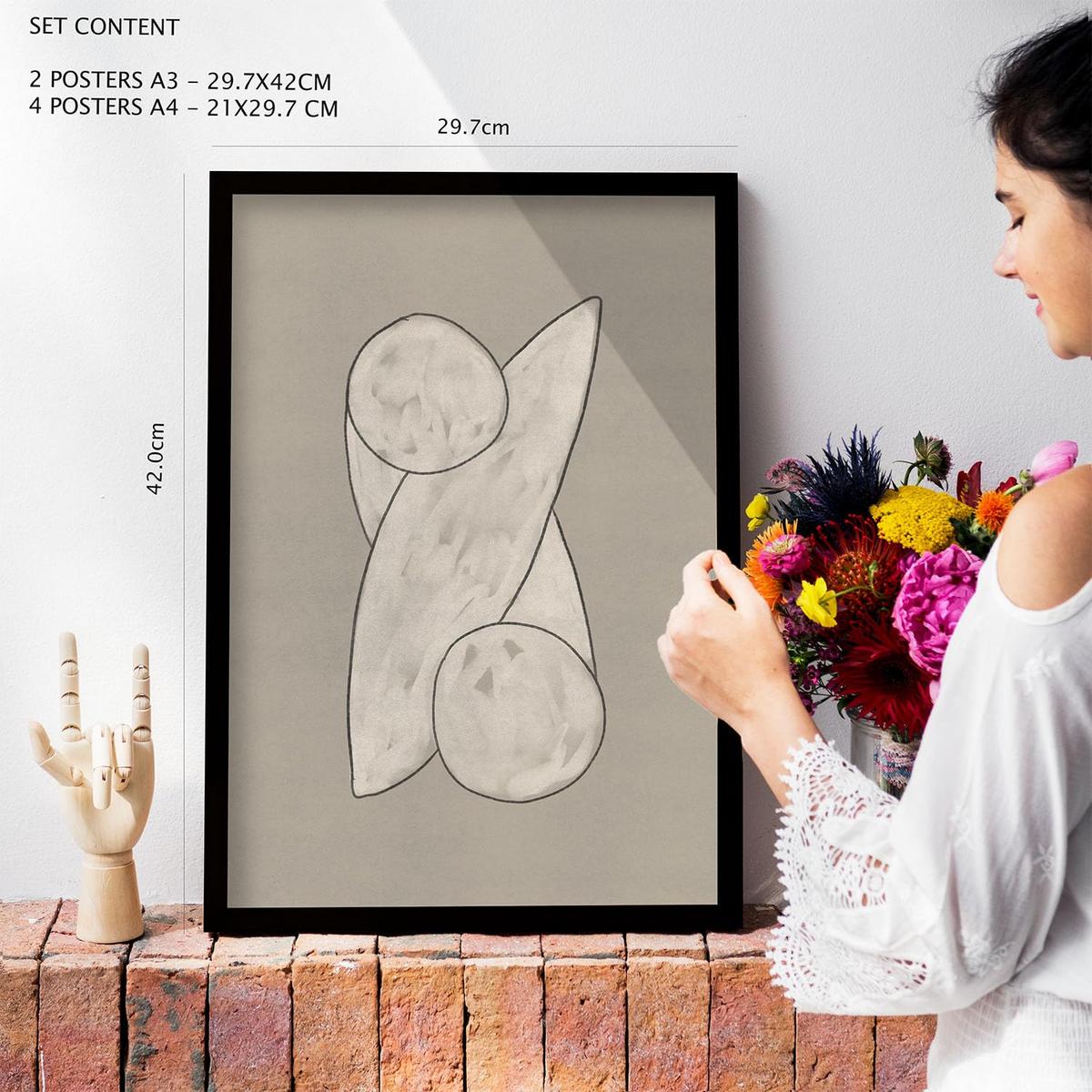 POSTER Set Mit 6 Kosmische Kontur In Form Abstracts Ästhetische Dekorative Gemälde Für Ihr Wohnzimmer Zuhause A3 & A4 Rahmen Aus Hellem Holz - Beige, Papier (29/3cm) - Nacnic