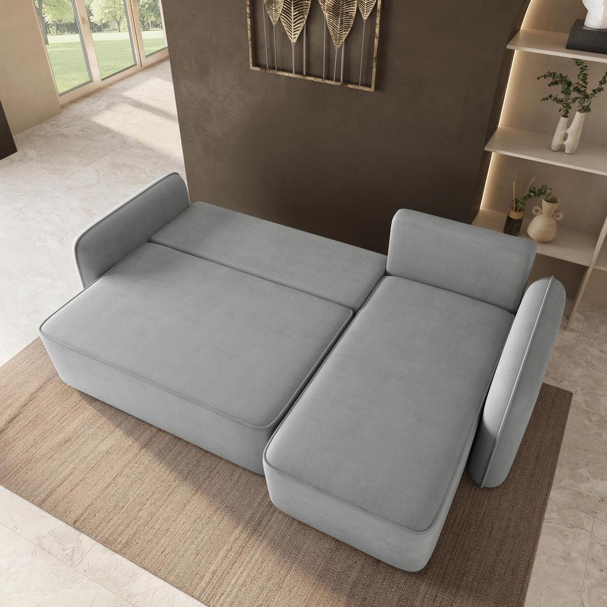 ECKSOFA DOLVER Hellgrau Plüsch-Stoff mit Schlaffunktion - Hellgrau, Holz (238/156cm) - MASSENO