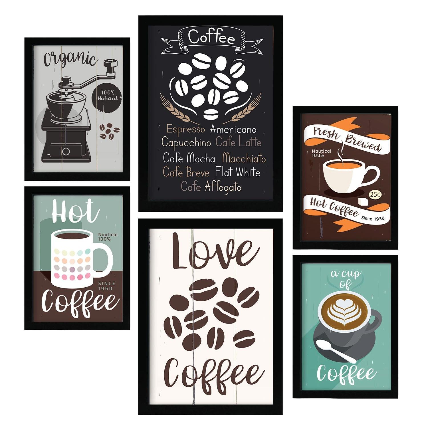 POSTER Set Mit 6 Kaffee Vollfarbige Illustrationen Von Kaffee & Getränken Im Werbetafel Illustrationen Für & Heim A3 & A4 Schwarzer Rahmen - Schwarz, Papier (29/3cm) - Nacnic