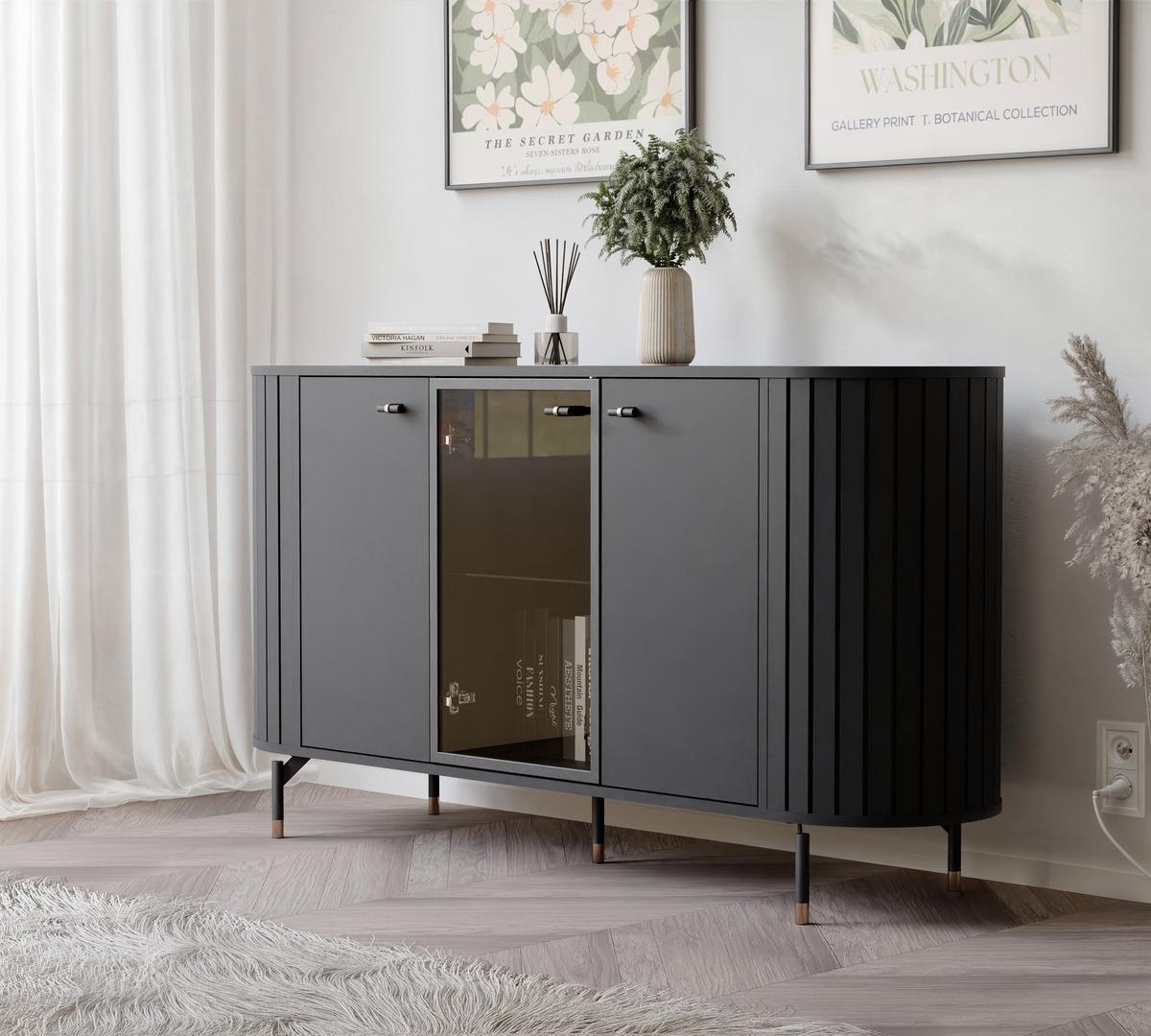 KOMMODE dreitürig, Schwarz mit LED-Beleuchtung - Schwarz, Holzwerkstoff (150/81/40cm) - Idohome