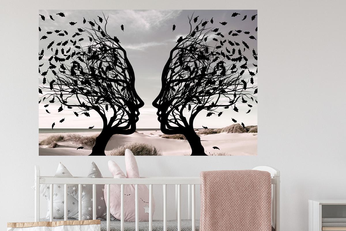 WANDTATTOO Strand - Meer - Menschen - Baum - Moderne Kunst Wandsticker 120x80 cm - Hellgrau, Kunststoff (120/80/0.1cm) - MuchoWow