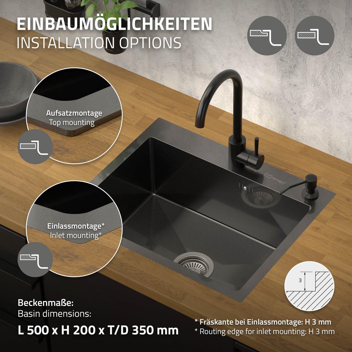 SPÜLBECKEN aus Edelstahl 55x45 cm Anthrazit mit Siphon und Seifenspender - Anthrazit, Metall (45/19/55cm) - ML-DESIGN