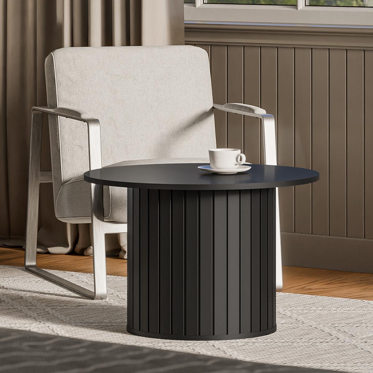 COUCHTISCH Zalia mit geriffeltem Sockel, runde Tischplatte 70 cm, im Retro-Stil, Schwarz - Schwarz, Holzwerkstoff (70/70/47cm) - Beautysofa