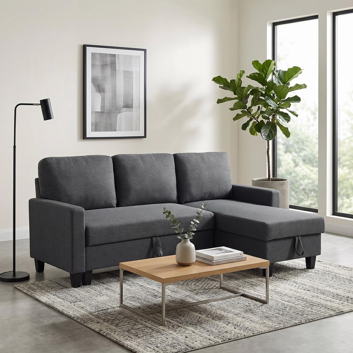 ECKSOFA-MIT-SCHLAFFUNKTION Polyetser Dunkelgrau - Dunkelgrau/Schwarz, Kunststoff/Textil (129/197cm) - HOMCOM