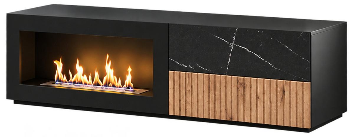 TV-LOWBOARD schwarz, Vicking Eiche, Marmor schwarz 160 x 42 cm, TV Unterteil mit Ethanol Kamin - Eichefarben/Schwarz, Holzwerkstoff/Kunststoff (160/42/45cm) - Inn.Furn