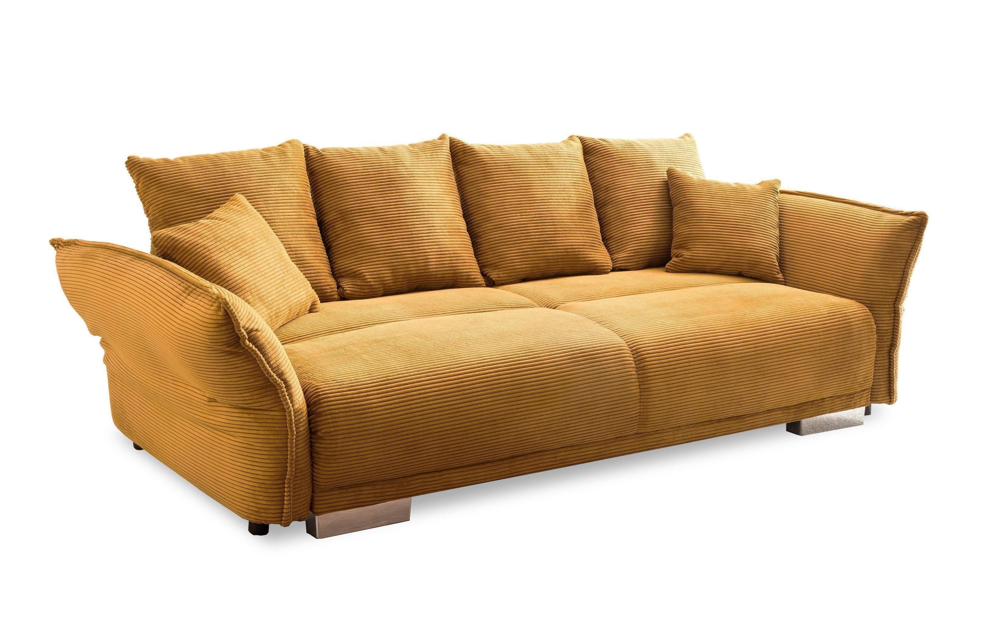 BIG-SOFA mit Schlaffunktion, Bettkasten, Federkern, Armlehnen verstellbar B242/T131/H90 cm, Liegefläche 168x199 cm, Cord Gold Ockergelb / 17213 - Chromfarben/Goldfarben, Kunststoff/Textil (242/90/131cm) - luma-home