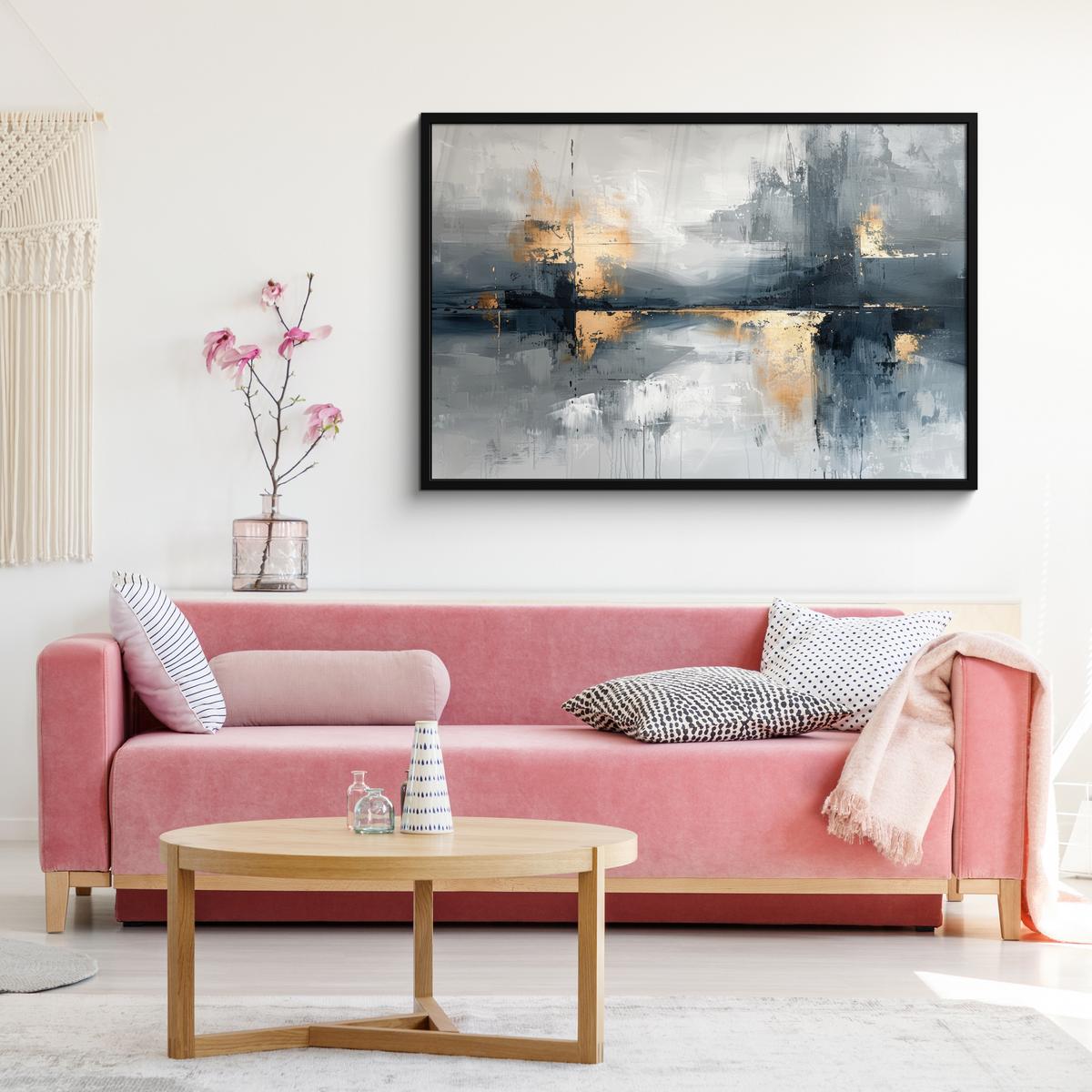 POSTER MIT RAHMENGERAHMTES BILD Kunst - Grau - Gold - Abstrakt 120x80 cm - Dunkelgrau, Papier (120/80cm) - MuchoWow