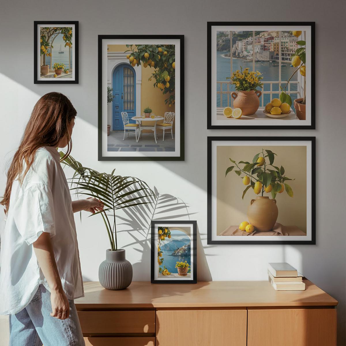 BILDER SET 5er Set - 50x50 cm & 20x30 cm & 40x60 cm Schwarzer Rahmen - Meereslandschaften, Zitronen, Fenster - Schwarz, Kunststoff (40/60cm) - TULUP