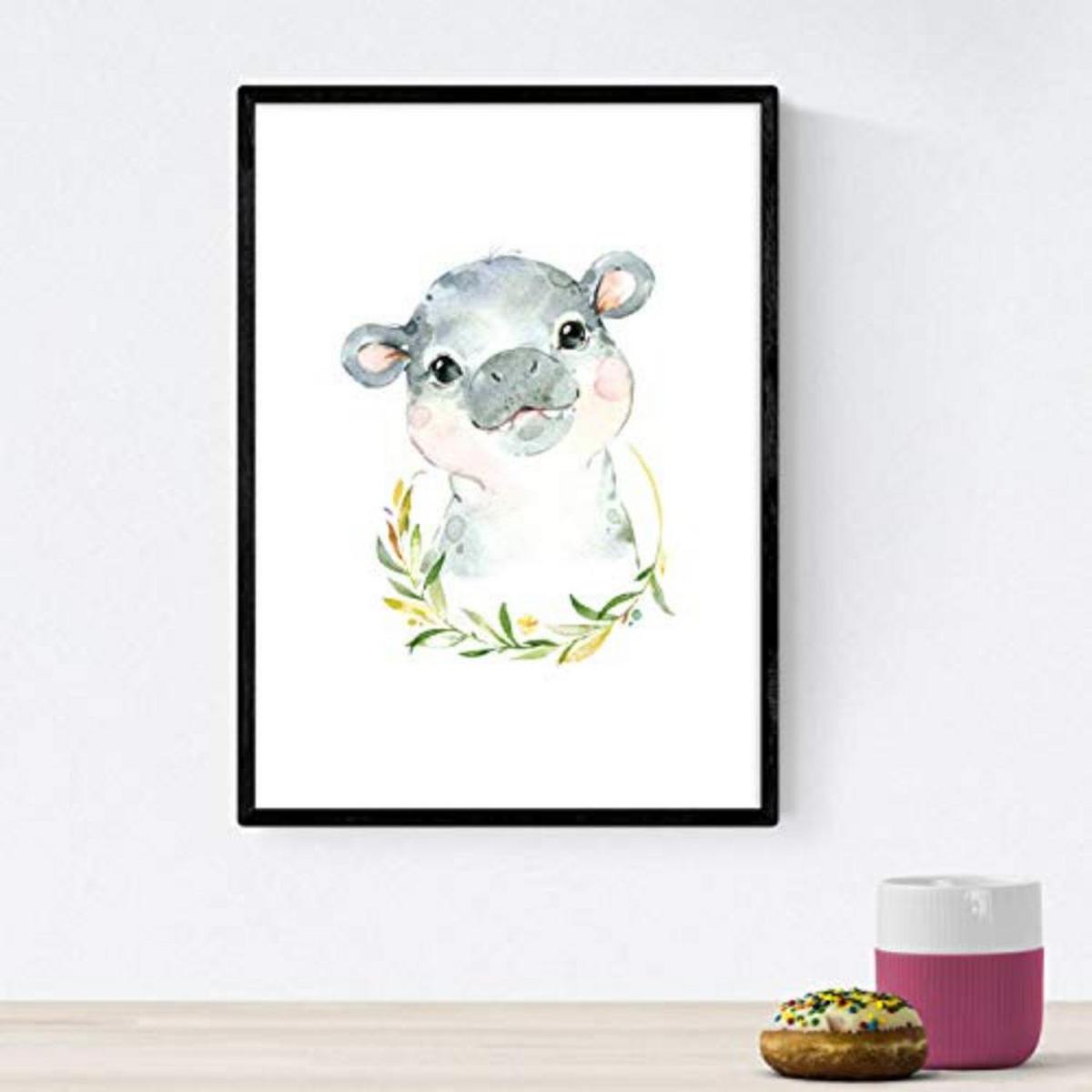 POSTER Set mit 4 Girafa Ziege Nilpferd und Löwe A4 Schwarzer Rahmen - Schwarz, Papier (29.7/3cm) - Nacnic