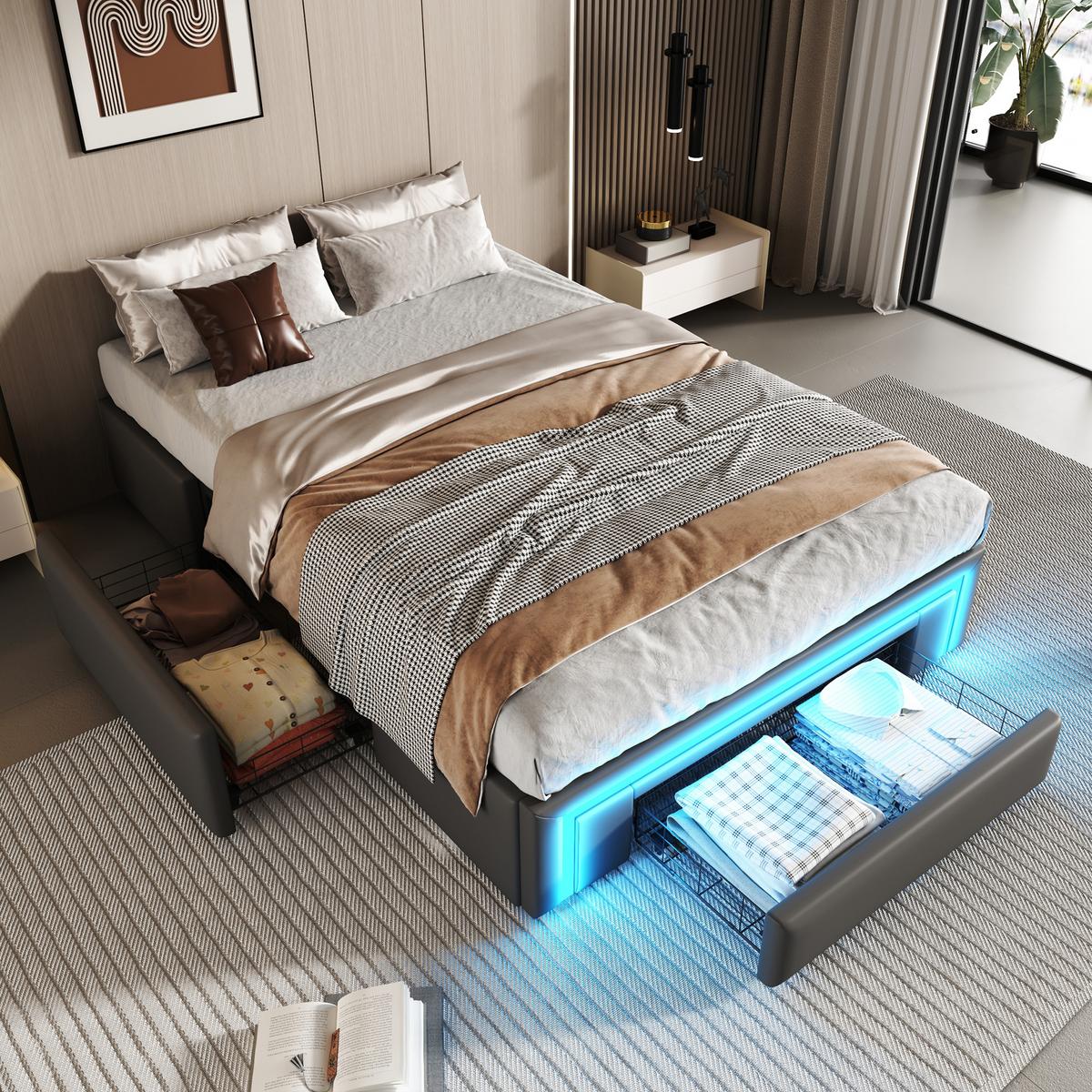 BETT mit Schubladen und LED 90X200 CM - Grau, Holzwerkstoff/Textil - Urban Meuble
