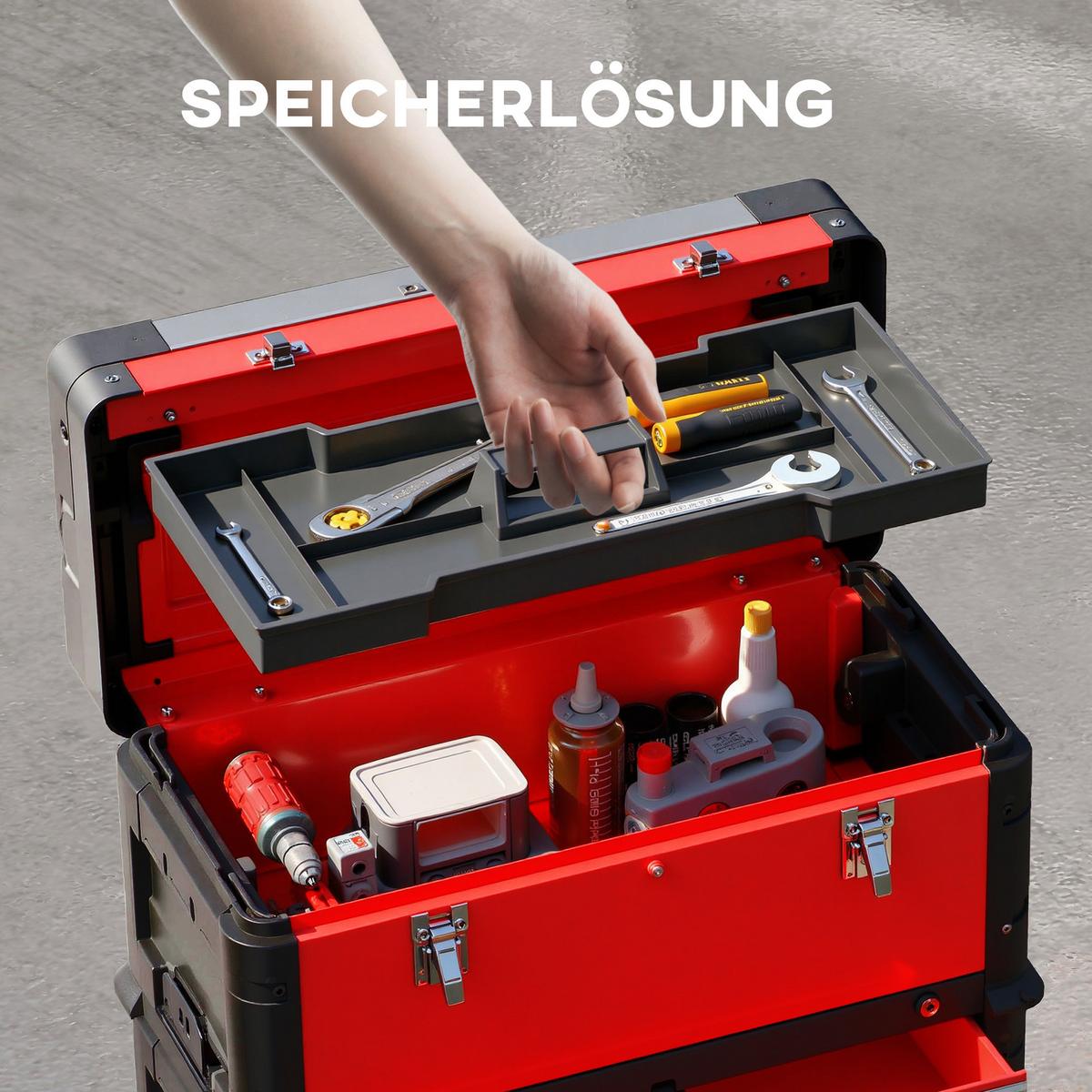 WERKSTATTWAGEN inkl. Koffer Werkzeugwagen leer mit 3 modularen Einheiten - Rot, Metall (32/72/52cm) - HOMCOM