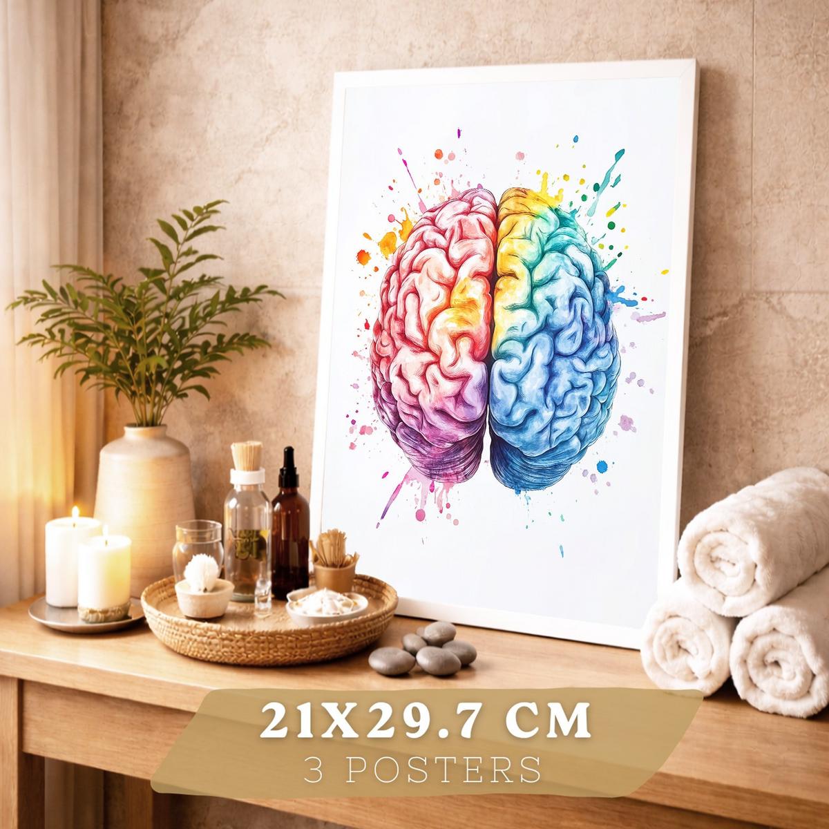 POSTER Set aus 3 Anatomie Mensch Drucke und Wandbilder mit Gehirn Herz Rippen Wirbelsäule Lebendiges Aquarell Design Größe Weißer Rahmen A4 - Weiß, Papier (21/29.7/3cm) - Nacnic