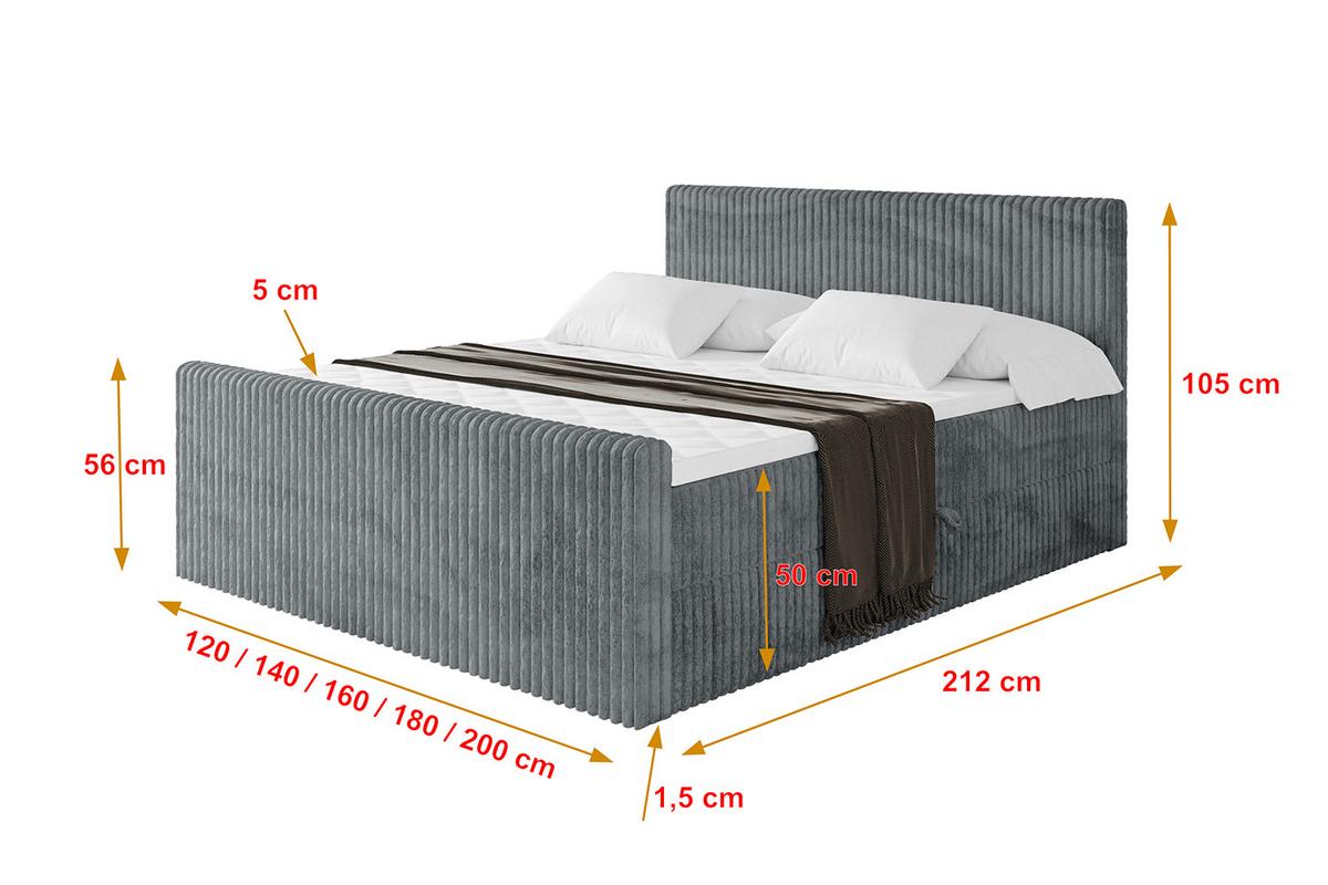 BOXBETT mit Matratze H3 und Lattenrost - TOLO-Z - 160x200 Cord - Dunkelgrau - Dunkelgrau, Holzwerkstoff (160/200cm) - ALTDECOR