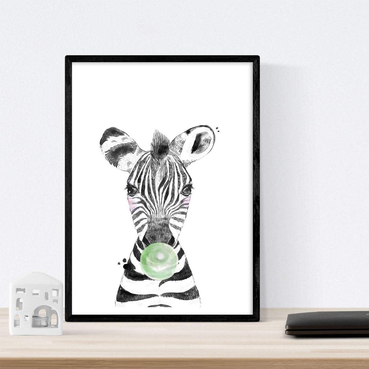 POSTER Set Mit 6 Tiere Babys Mit Kaugummi Elefant Schweinefleischkaninchen Kuh Fuchshund A4 Schwarzer Rahmen - Schwarz, Papier (29/3cm) - Nacnic