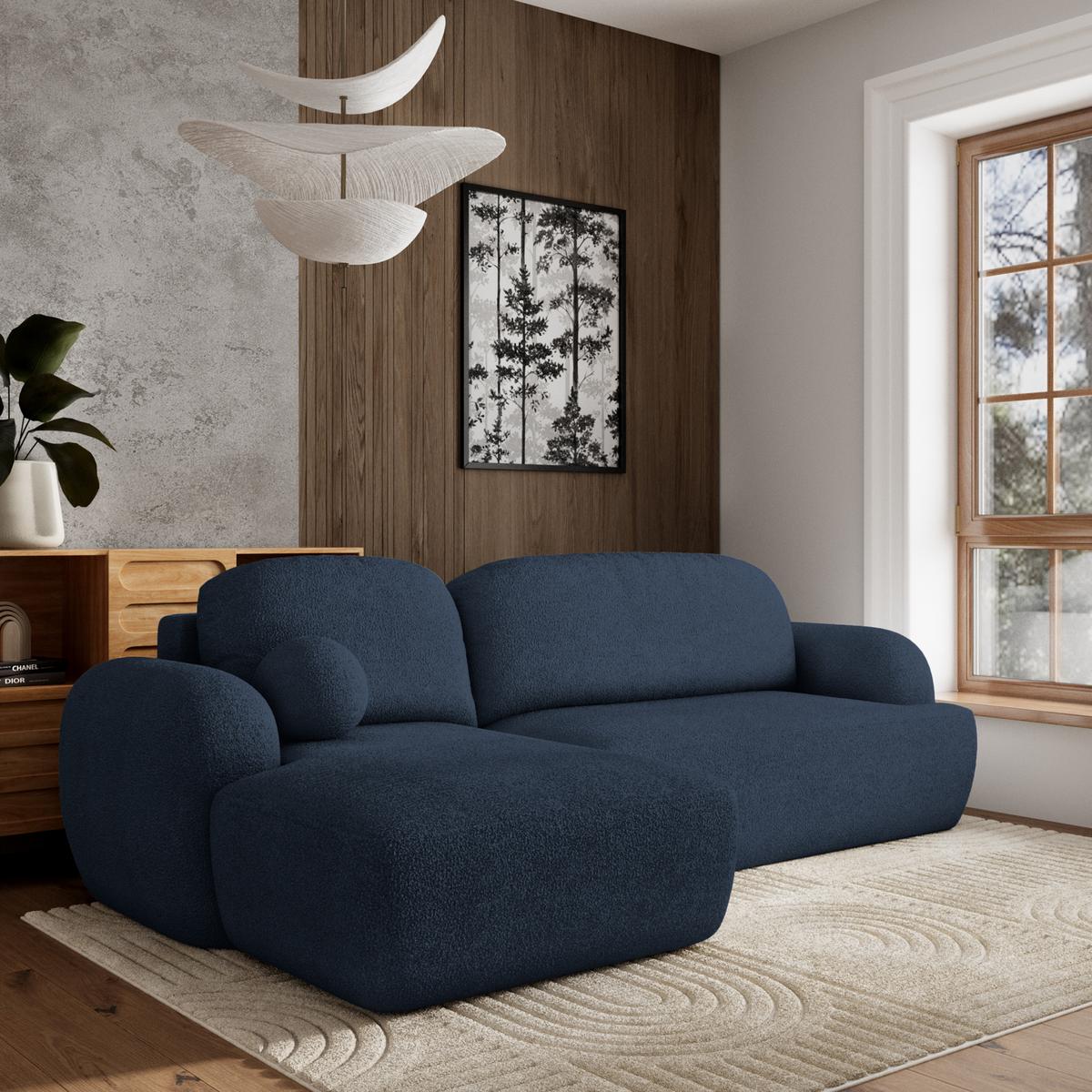 ECKSOFA MODENZA N L-S Blau Boucle-Stoff mit Schlaffunktion - Blau/Schwarz, Holz/Kunststoff (266/148cm) - MASSENO