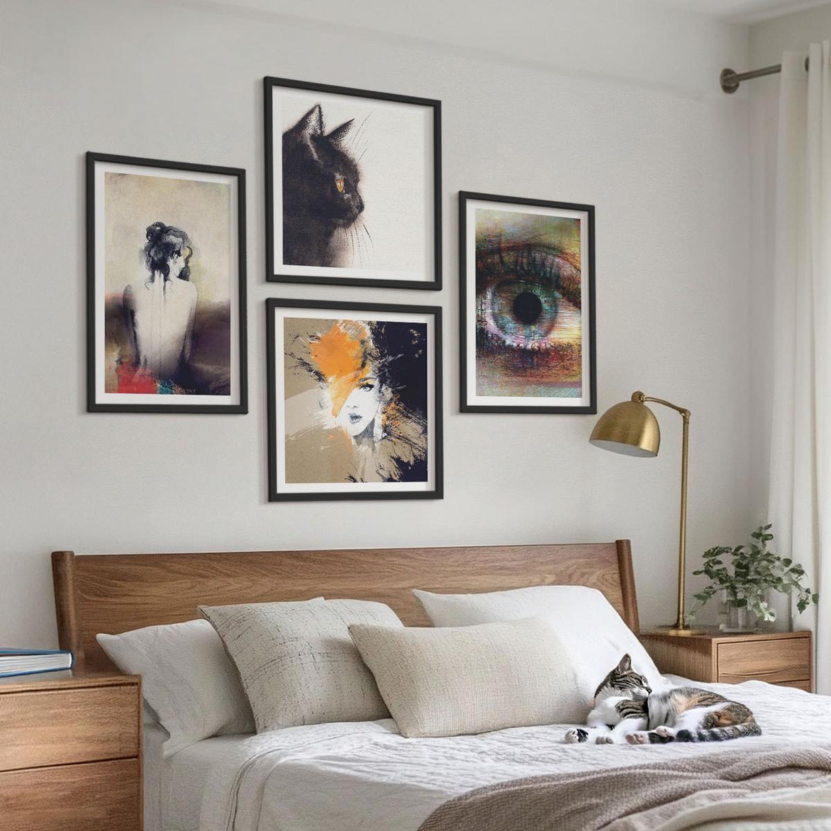 BILDER SET 4er Set - 50x50 cm & 40x60 cm Schwarzer Rahmen - Porträt einer Frau, Auge, Farben, Emotionen - Schwarz, Kunststoff (50/50cm) - TULUP