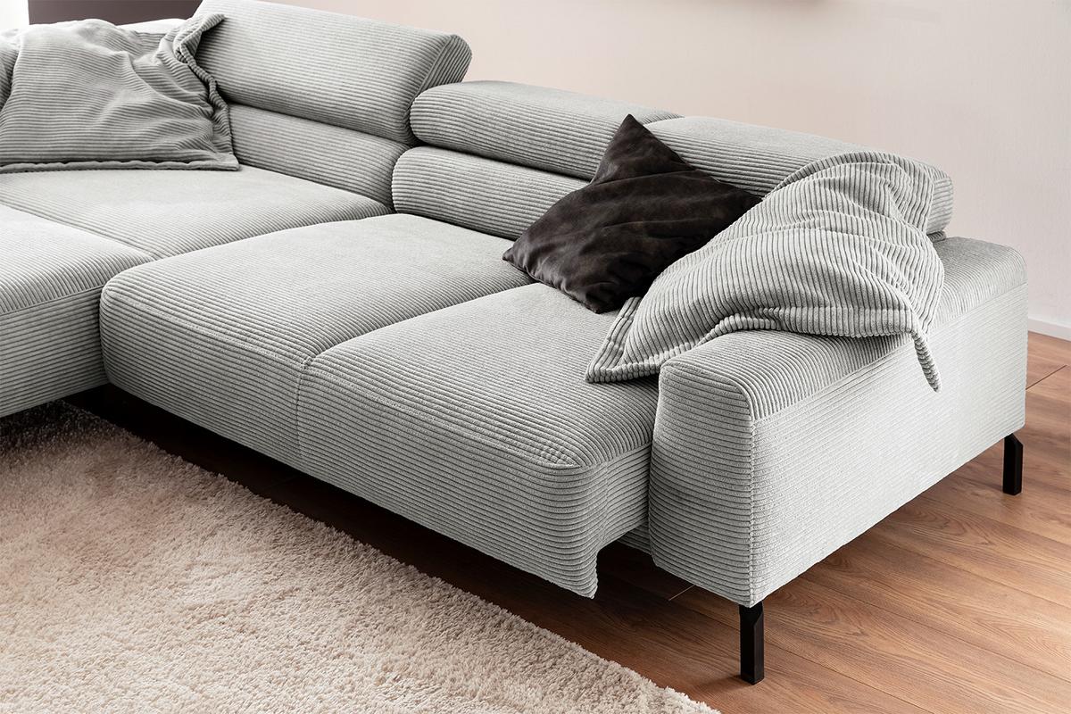 ECKSOFA MIT MOTORISCHEM SITZVORZUG DELIA Hellgrau Cord Relaxfunktion - Hellgrau/Schwarz, Textil/Metall (312/219cm) - KAWOLA