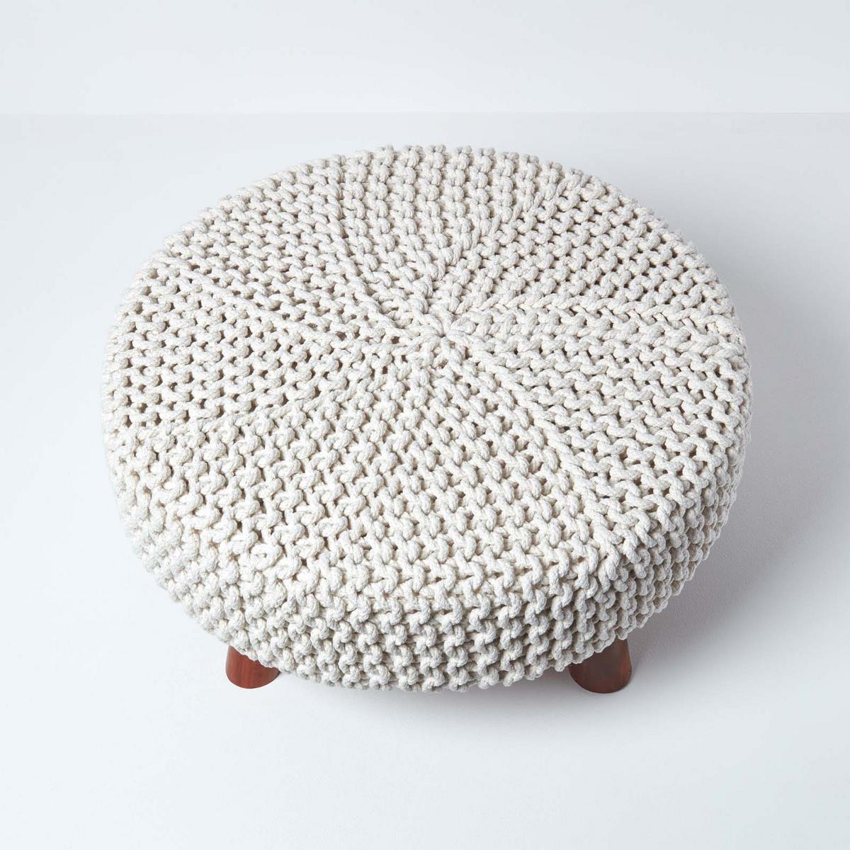 STRICK-HOCKER natur, rund 62/62/30 cm - Weiß, Textil (62/30/62cm) - Homescapes