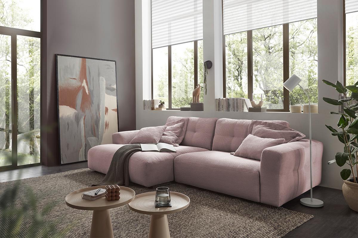 ECKSOFA XL MIKA Pink Cord - Schwarz/Rosa, Kunststoff/Textil (296/167cm) - KAWOLA