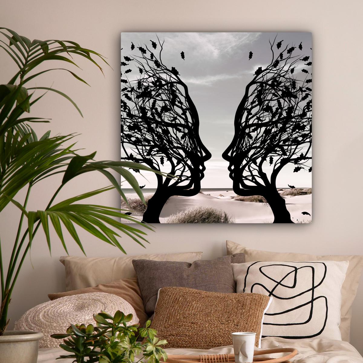 LEINWANDBILD Strand - Meer - Menschen - Baum - Moderne Kunst Deko Groß 90x90 cm - Hellgrau, Textil (90/90cm) - MuchoWow