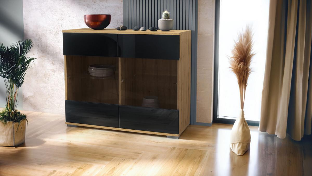 KOMMODE Bari Schwarz Hochglanz - Schwarz Hochglanz, Holzwerkstoff (92.5/75.5/35cm) - Vladon