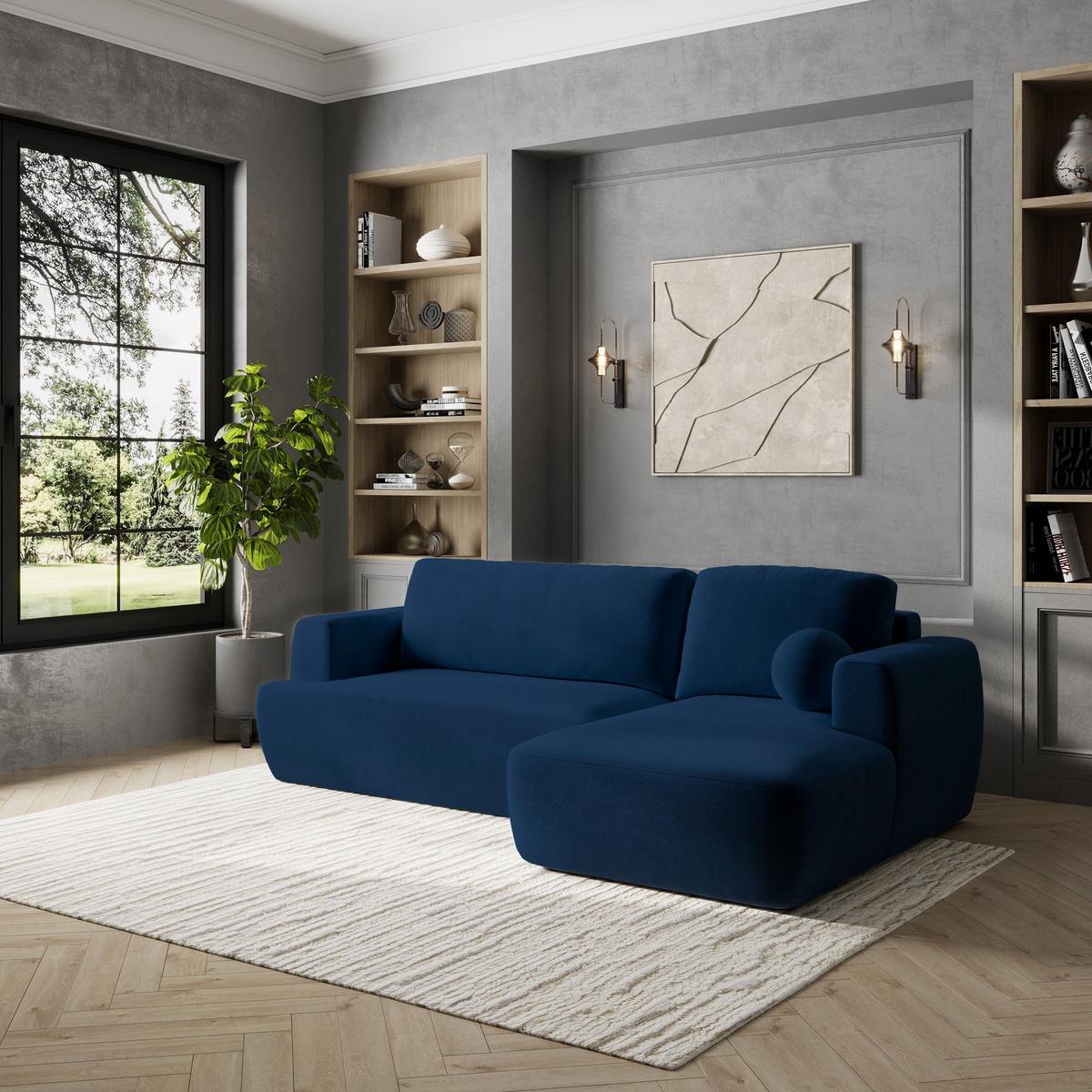 ECKSOFA SENTI K R-S Blau Plüsch-Stoff mit Schlaffunktion - Blau/Schwarz, Holz/Kunststoff (246/148cm) - MASSENO