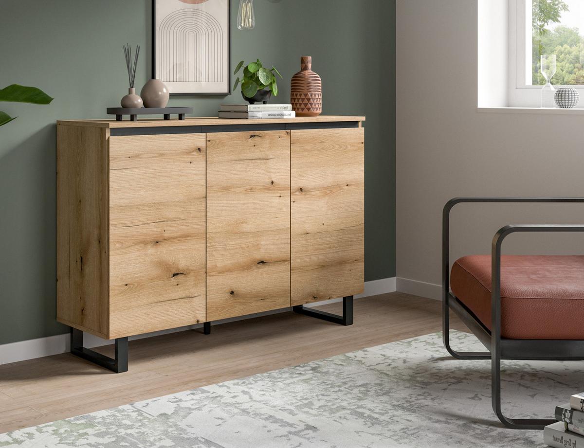 SIDEBOARD Eiche Evoke mit Schwarz, Kommode 3-türig 120 x 84 cm, Soft-Close - Eichefarben/Schwarz, Holzwerkstoff/Metall (120/84/36cm) - Inn.Furn