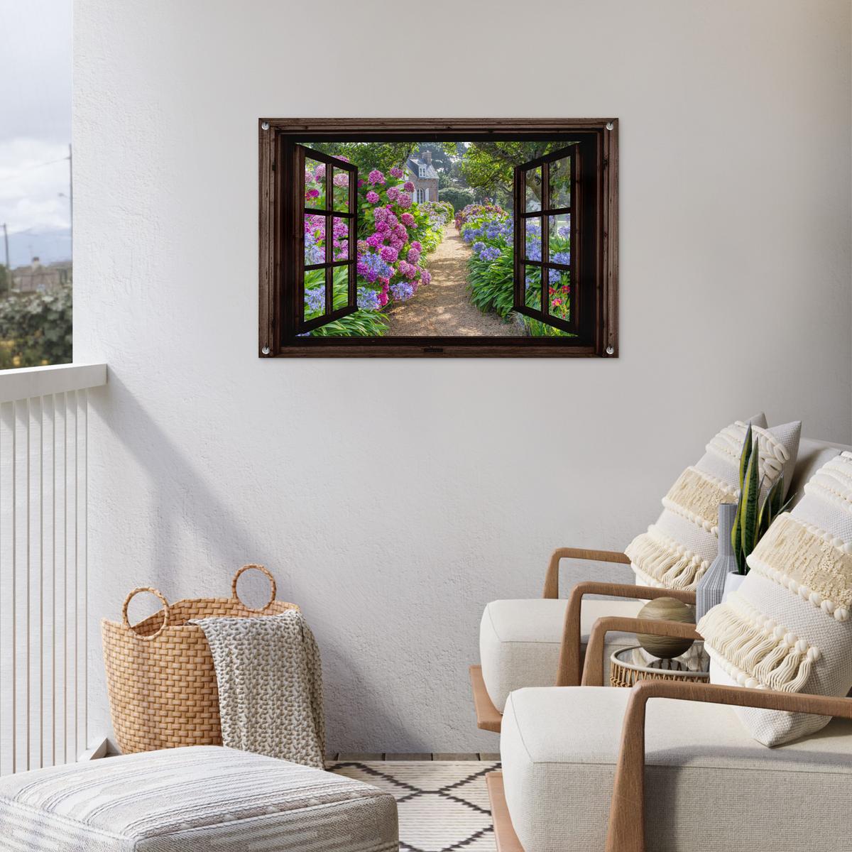GARTENPOSTER Hortensie - Durchsichtig - Blumen - Lila - Natur - Dunkelbraunes Fenster Gartendeko 90x60 cm - Dunkelbraun, Kunststoff (90/60/0.2cm) - OnlyWow