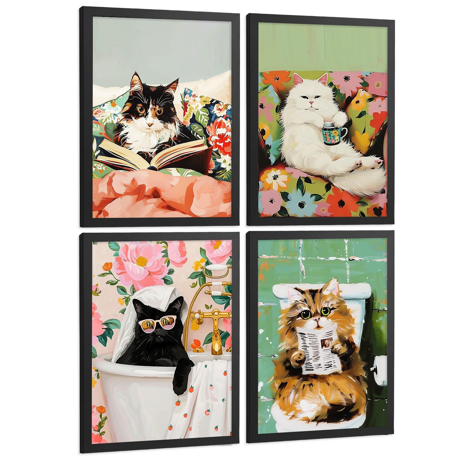 POSTER 4er Kunstdruck-Set Wandbilder Katzen modern Wohnzimmer Deko, Schlafzimmer, Küche, Badezimmer Rahmenlos A4 - Schwarz, Papier (29.7/1/21cm) - Nacnic