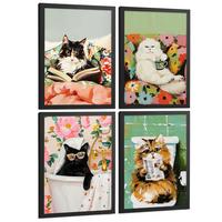 POSTER 4er Kunstdruck-Set Wandbilder Katzen modern Wohnzimmer Deko, Schlafzimmer, Küche, Badezimmer Rahmenlos A3 - Schwarz, Papier (29.7/1/42cm) - Nacnic