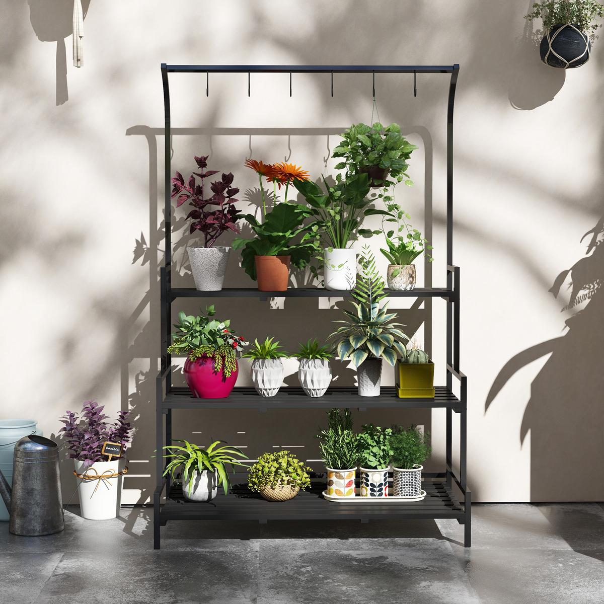 PFLANZENSTÄNDER, Pflanzentreppe, 3 Ebenen, mit 6 Haken, für Garten, Stahl, Schwarz - Schwarz, Metall (50/170/110cm) - Outsunny