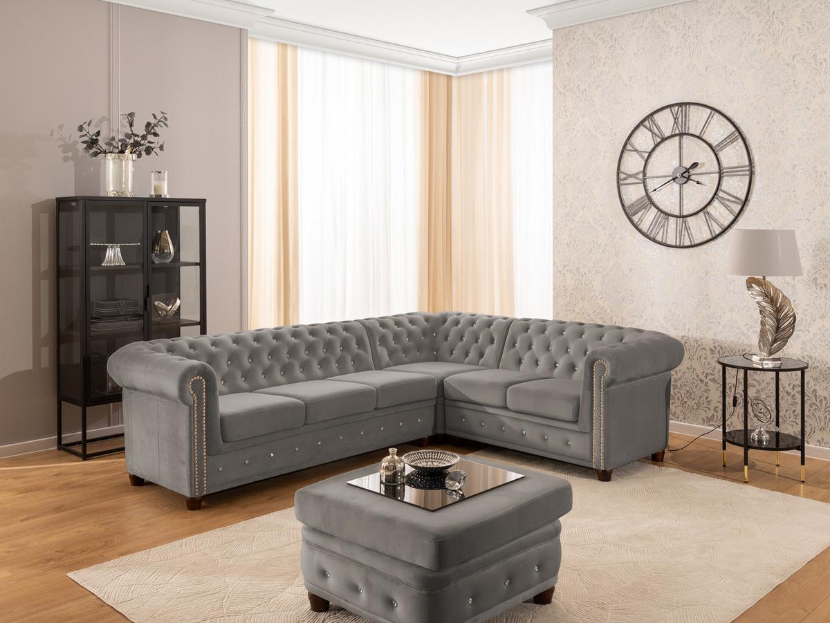 ECKSOFA Chesterfield Cleo Blink Grau Samt mit Kristallsteppung und braunen Massivholzfüßen - Ottomane Rechts - Braun/Grau, Holz/Textil (264/210cm) - S-Style Möbel